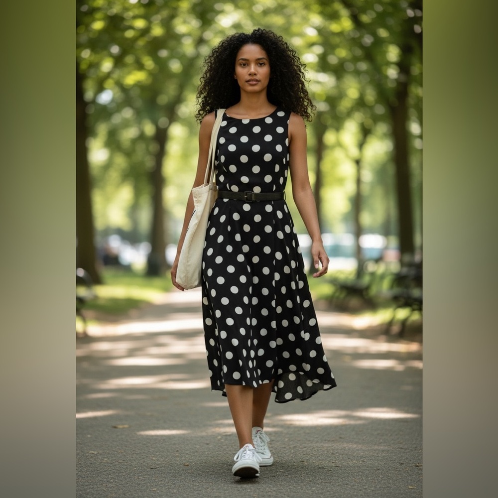 EVANS Black White Polka Dot Dress Asymmetrical Hem Y2K Modest Classic Size 14